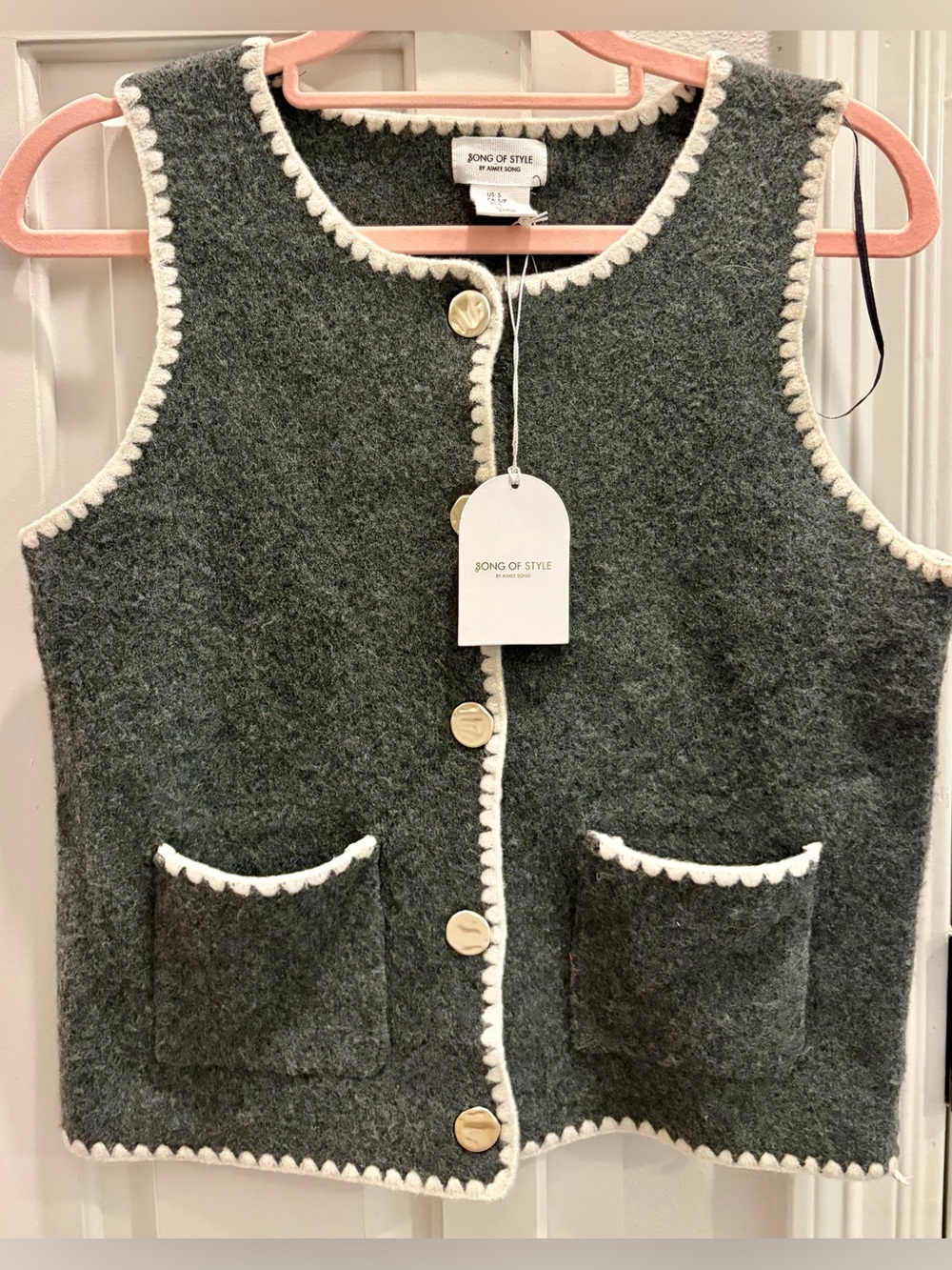 NWT SONG OF STYLE Women’s Size Small Gray Wool Vest with Cream Trim